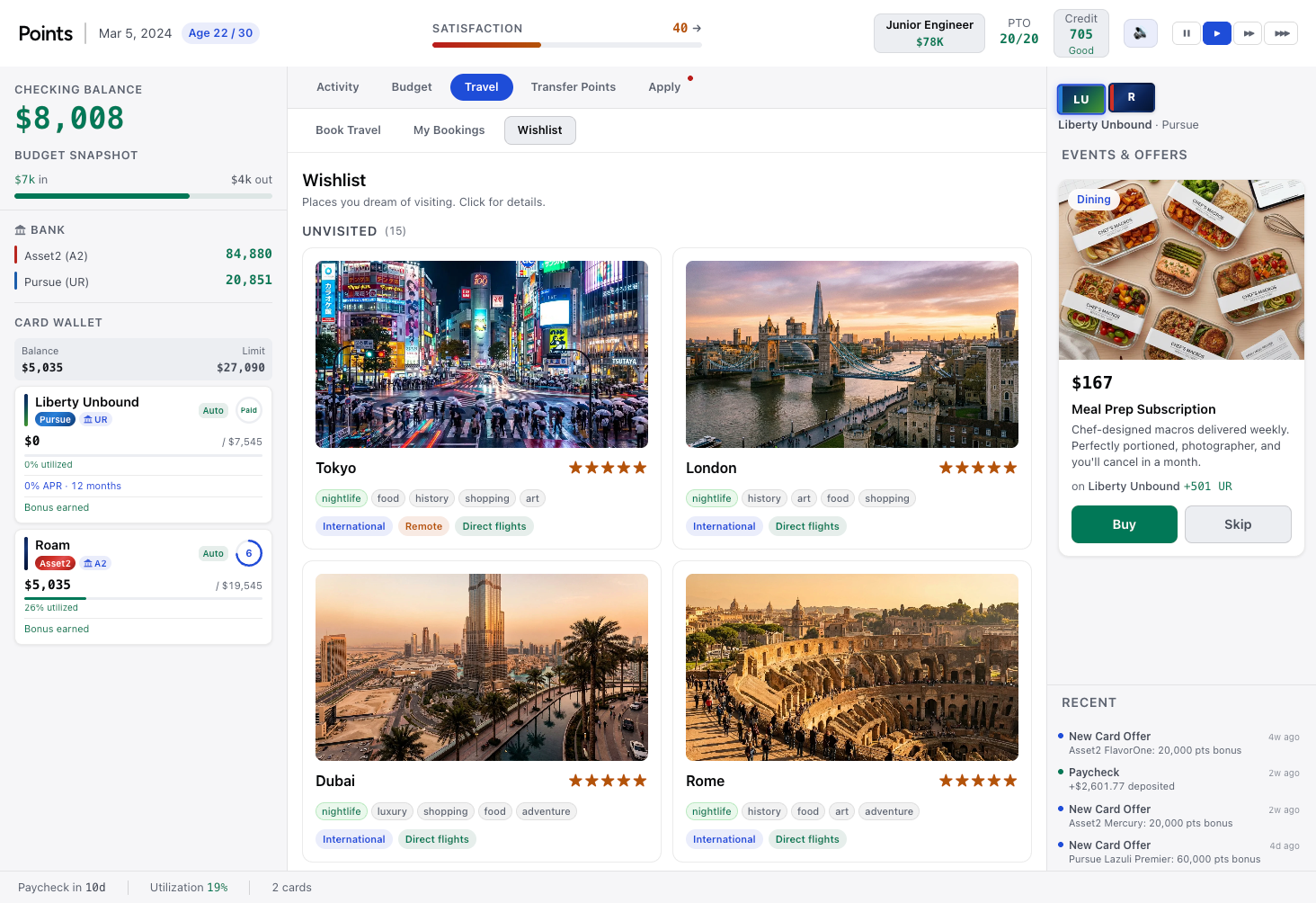 Points game screenshot showing credit card rewards simulator with travel wishlist and financial dashboard